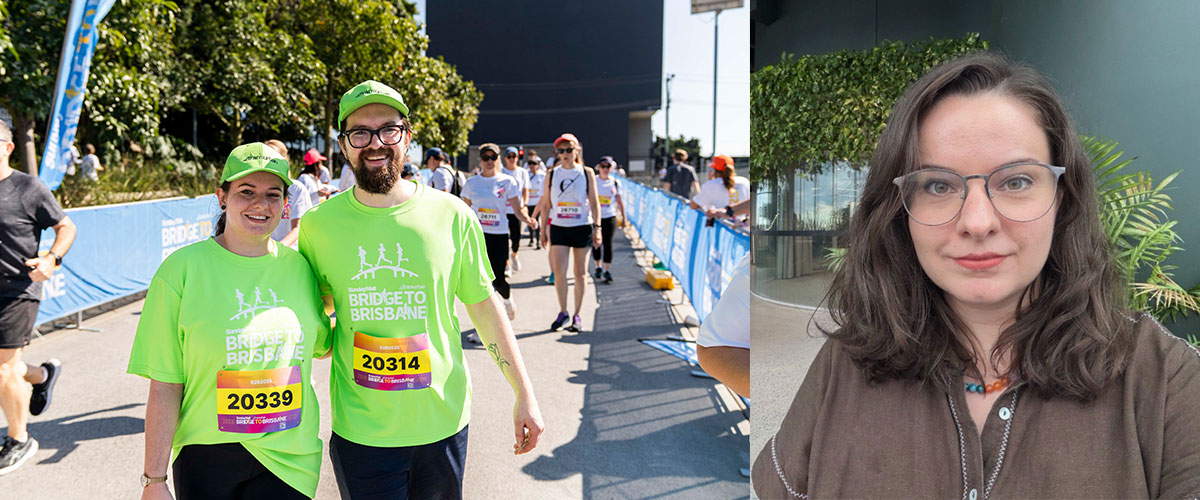 Two people in high vis running gear on the left, a woman wearing brown on the right.